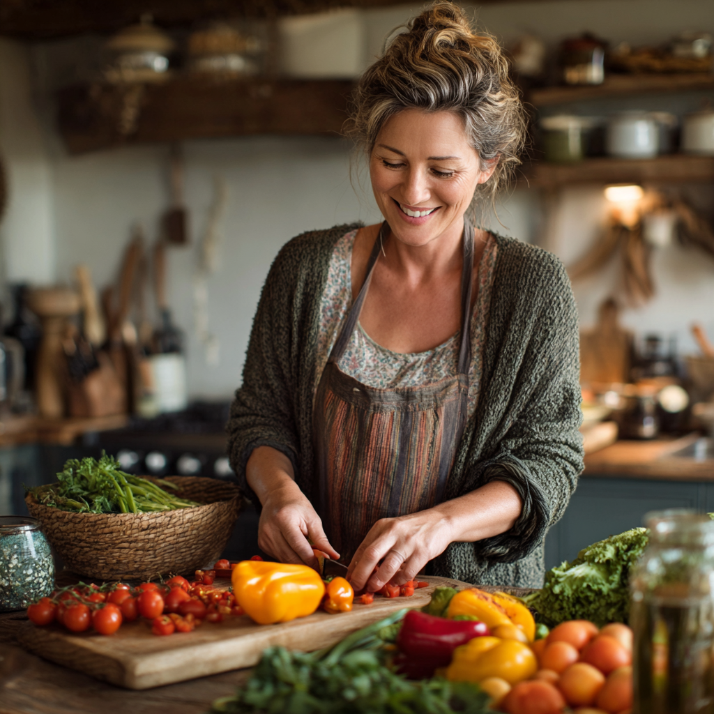 Confident woman in her late 40s preparing fresh vegetables and healthy ingredients in a bright modern kitchen, smiling while organizing colorful produce including bell peppers, tomatoes, and leafy greens on a wooden cutting board