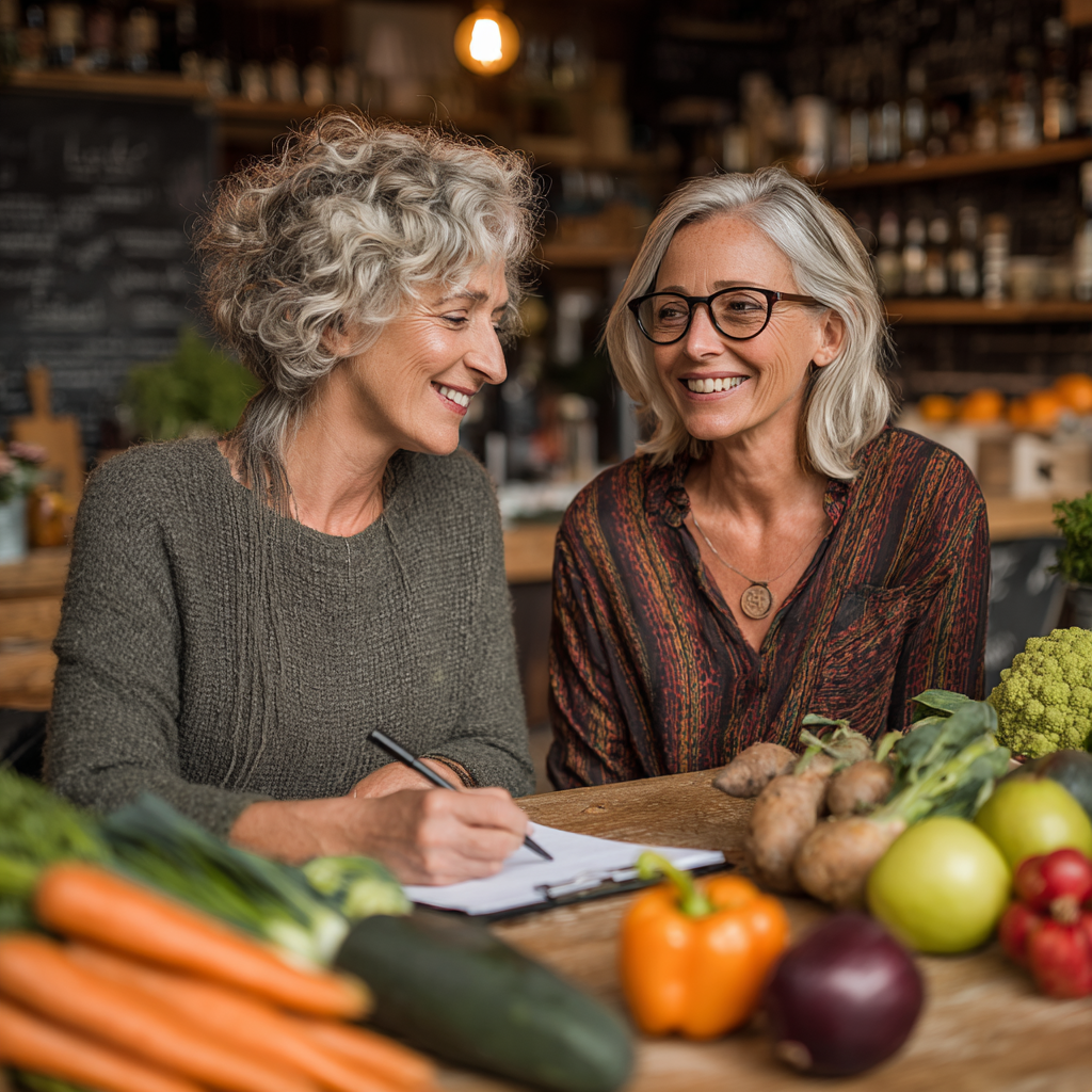 Professional nutritionist in her 50s consulting with a client, reviewing personalized meal plans and healthy food options on a wooden table with fresh fruits and vegetables, both people smiling and engaged in conversation